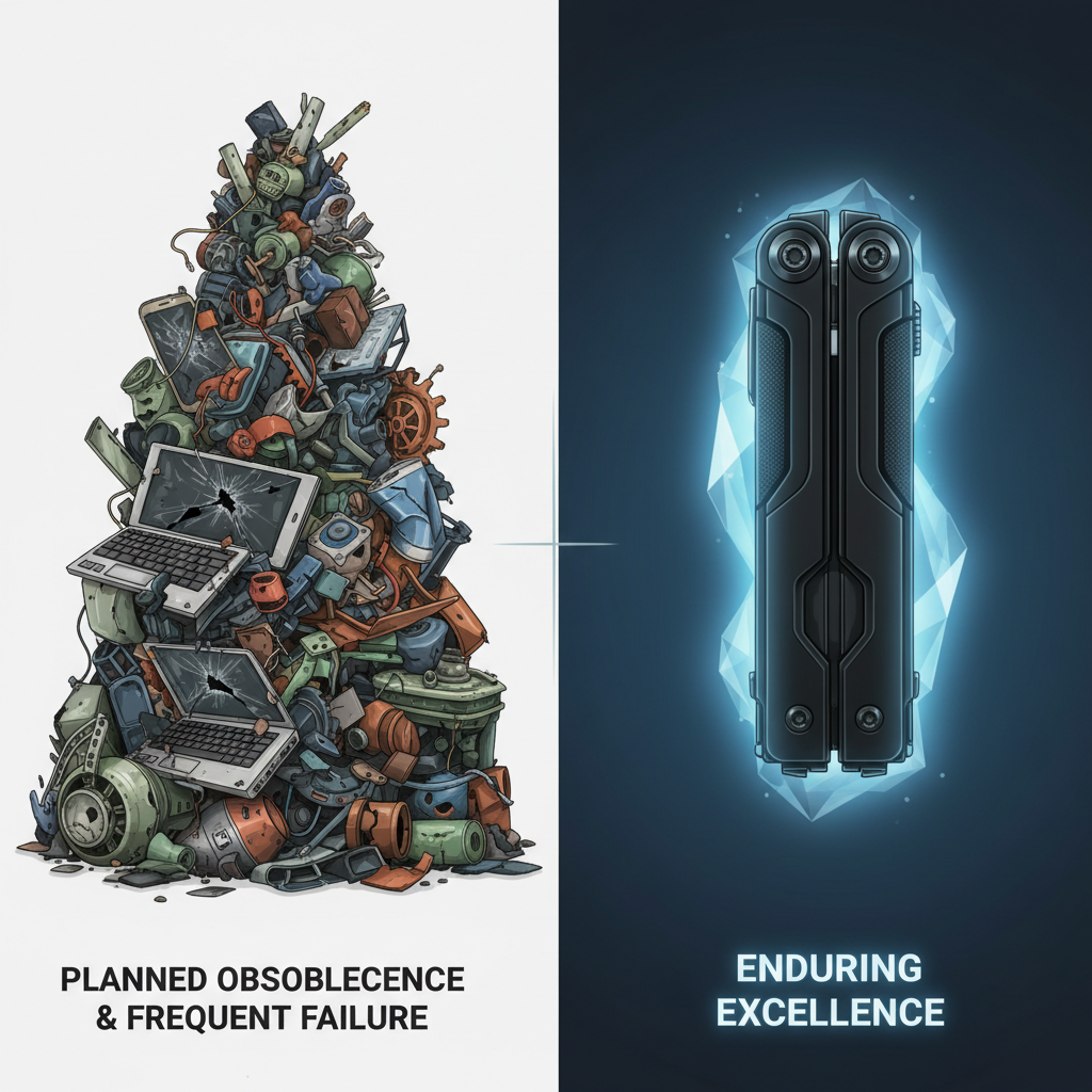 A split-panel illustration showing broken electronics on one side and a robust, glowing product on the other, symbolizing the contrast between disposable culture and adamantine quality.
