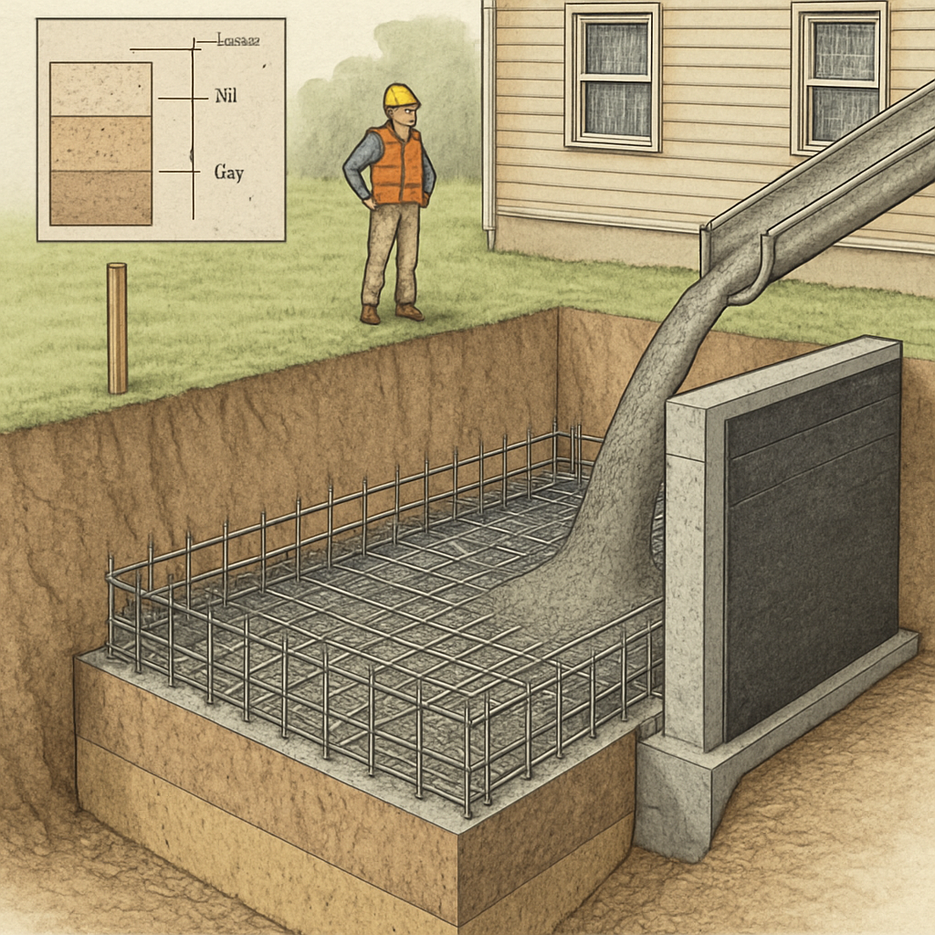 A detailed architectural illustration showing the stages of building a robust home foundation: excavation, rebar, concrete pour, and waterproofing.