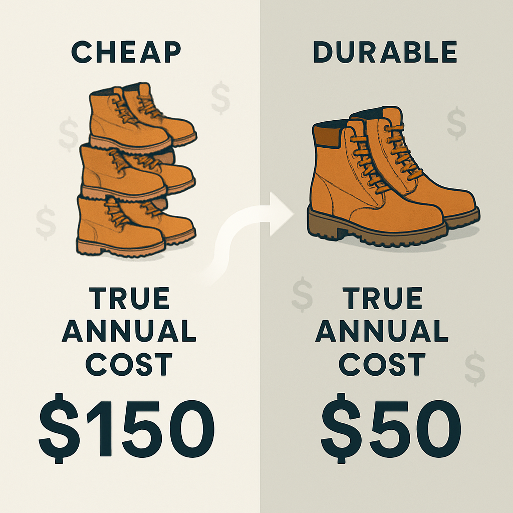 A visually engaging infographic-style illustration contrasting two paths or sets of items. On one side, a stack of cheap, identical, and rapidly deteriorating items (e.g., several pairs of flimsy boots) with a high 'True Annual Cost' calculation clearly displayed. On the other side, a single, robust, well-maintained version of the same item (e.g., a single pair of durable boots) with a much lower 'True Annual Cost' calculation. A subtle arrow or path connects the two, illustrating the long-term financial benefit of BIFL.