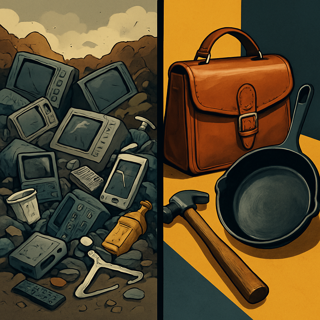 A dynamic, split-panel illustration. On the left, a chaotic pile of broken, discarded electronics, plastic waste, and flimsy household items in a landfill-like setting, symbolizing disposable culture and consumer frustration. On the right, a serene, well-organized display of high-quality, well-maintained items like a sturdy full-grain leather bag, a seasoned cast iron skillet, and a classic wooden-handled tool, radiating durability and timelessness.