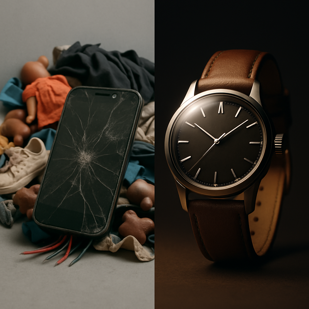 Disposable vs. Durable: The Age of Impermanence A split image showing broken disposable items on one side and a durable, well-crafted item on the other, illustrating the contrast between impermanence and lasting value.