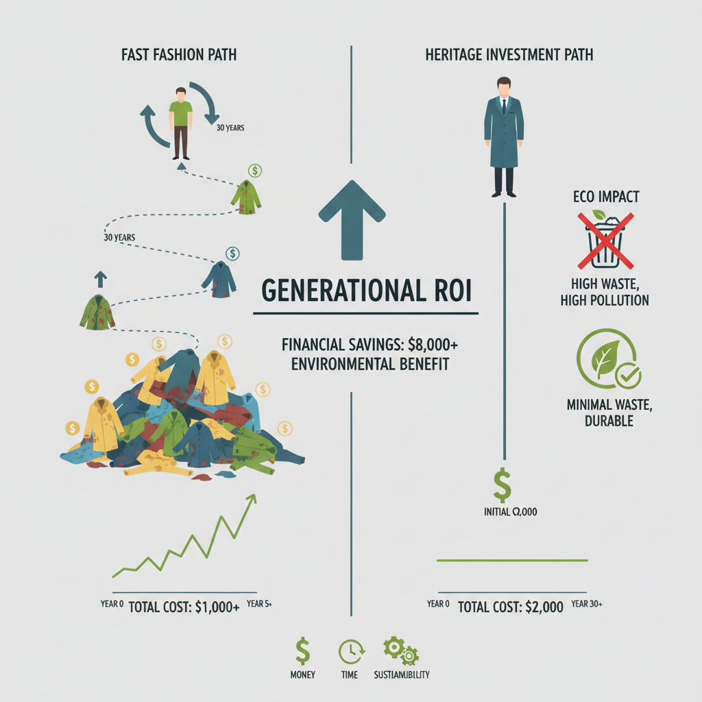 An infographic-style illustration demonstrating 'Generational ROI'. On the left, a path showing a person repeatedly buying and discarding cheap, fast-fashion items (e.g., a synthetic coat) over a 30-year timeline, with accumulating financial costs and growing piles of waste. On the right, a parallel path showing a person making a single, higher upfront investment in a durable, heritage item (e.g., a full-grain wool coat) that lasts the entire 30 years, resulting in significant financial savings and minimal environmental impact.