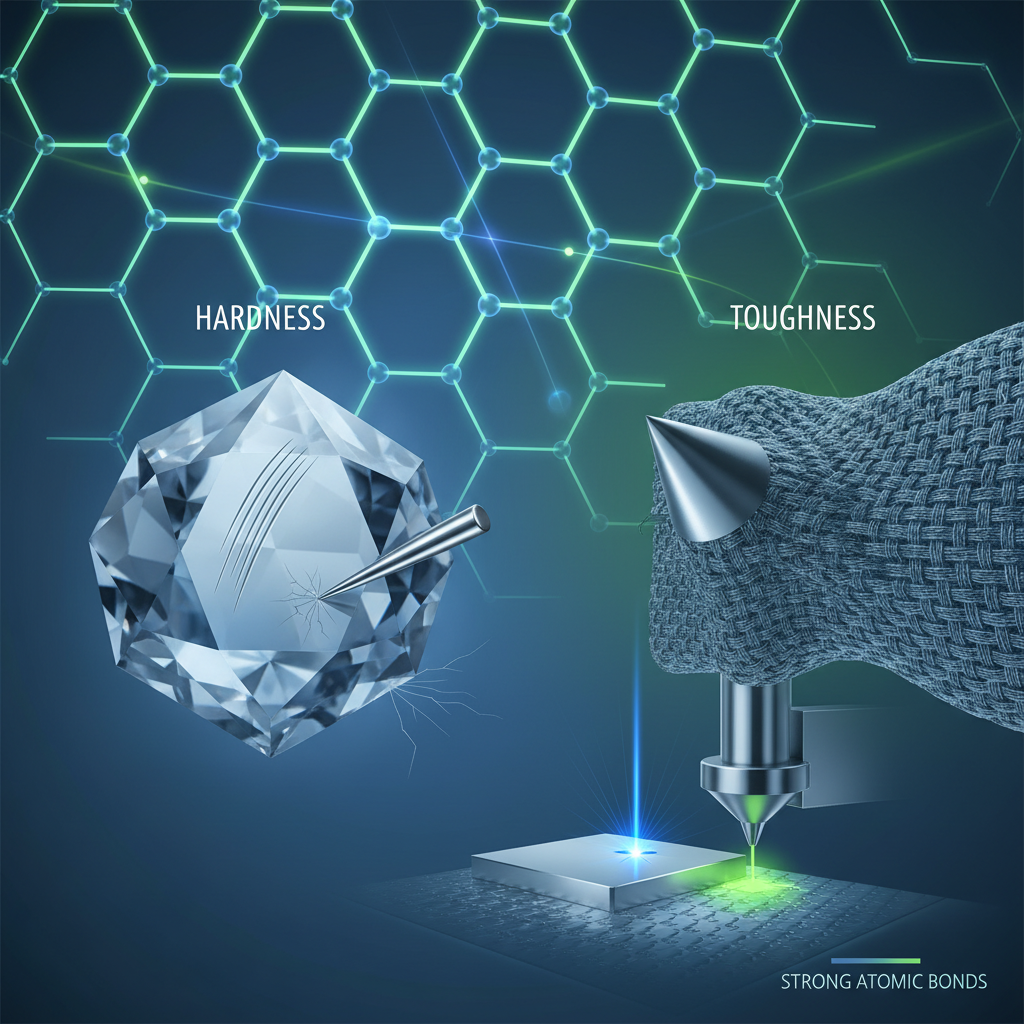 A modern scientific illustration depicting the concepts of hardness and toughness. On one side, a crystalline structure (like a diamond) being scratched by a tool but also showing a subtle crack from a heavy impact. On the other, interwoven fibers (like Kevlar) visibly resisting a sharp, penetrating impact. In the background, a magnified, glowing honeycomb lattice structure representing Graphene, with faint lines indicating strong atomic bonds. Include subtle elements of advanced manufacturing, such as a laser or 3D printing nozzle working on a metallic surface.