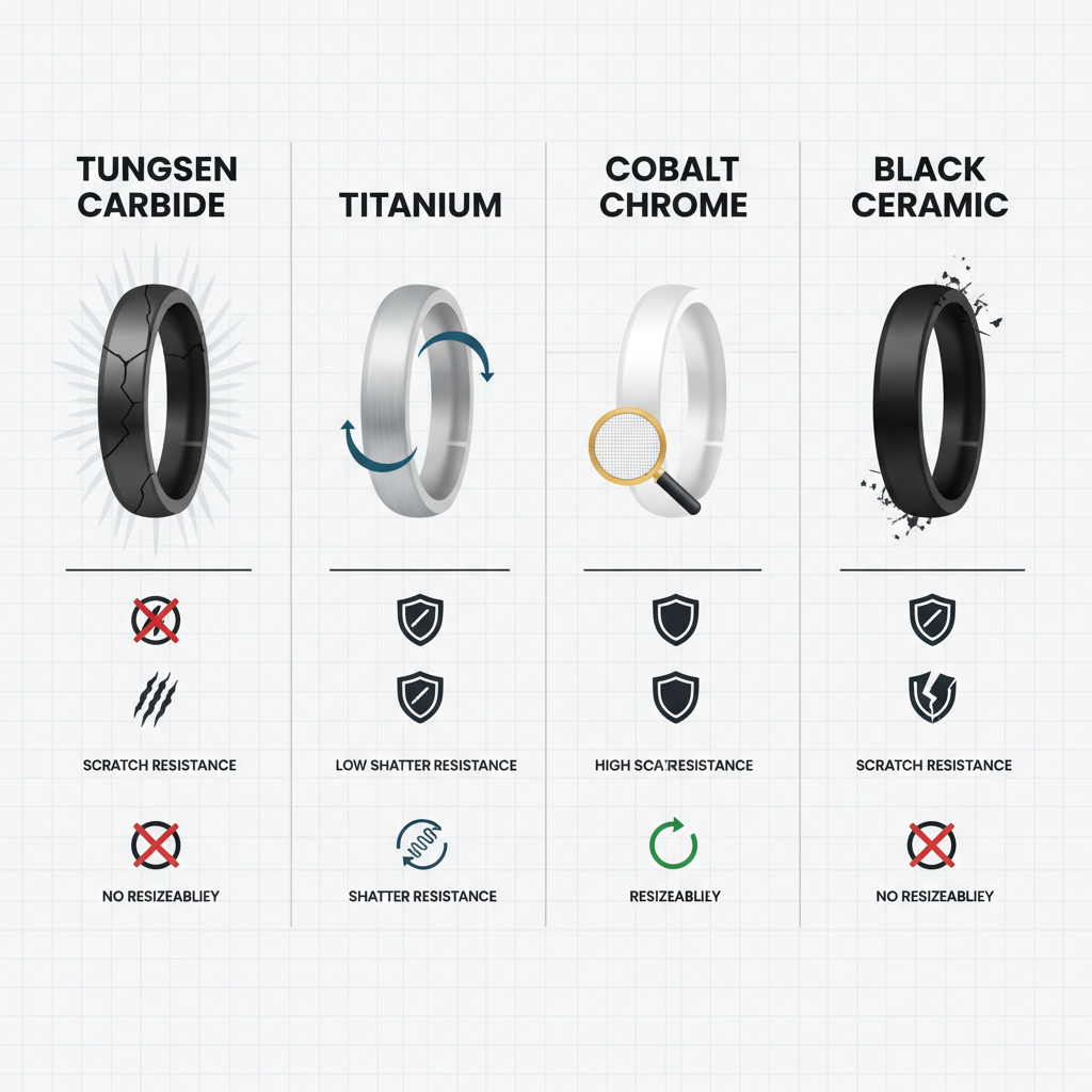A clean, modern infographic-style illustration comparing four distinct rings: Tungsten Carbide (dark, highly polished, with a subtle crack line indicating brittleness), Titanium (light silver, sleek, with an arrow showing flexibility), Cobalt Chrome (bright white, classic ring shape, with a small magnifying glass showing fine detail), and Black Ceramic (matte black, minimalist, with a subtle shatter effect). Each ring has small, clear icons representing scratch resistance, shatter resistance, and resizeability. The background is a subtle grid, emphasizing a 'matrix' concept.