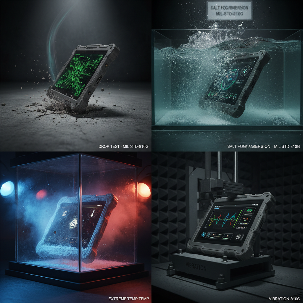 A multi-panel illustration showing a rugged industrial product undergoing extreme destructive tests like drops, submersion, and vibrations, yet remaining intact, symbolizing MIL-STD-810G durability.