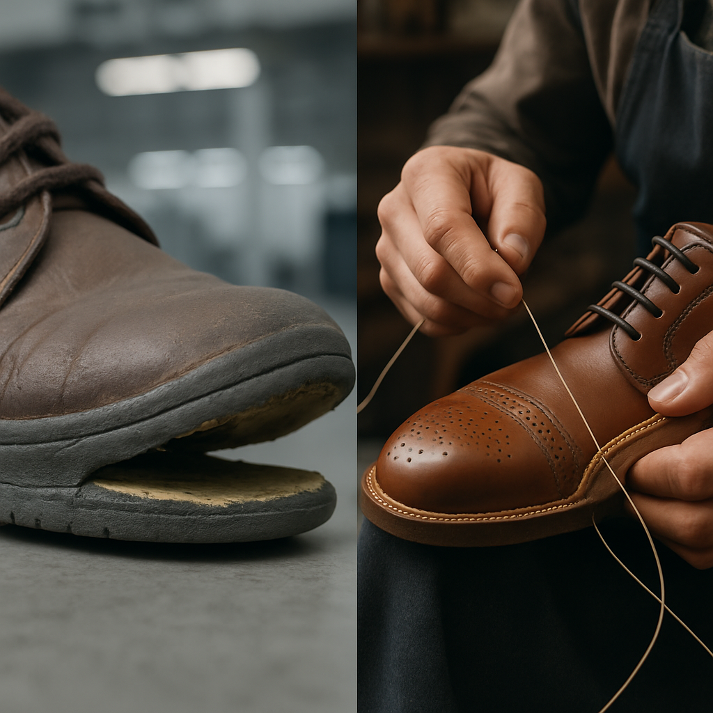A split image showing a mass-produced shoe with a peeling, glued sole on the left, contrasting with a master craftsman's hands performing hand-welted construction on a high-quality leather shoe on the right, highlighting quality differences.