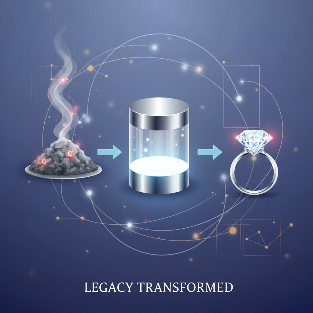 A conceptual and elegant illustration. On the left, a stylized representation of cremated ashes, perhaps with subtle glowing carbon atoms visible. An arrow leads to the center, where a futuristic, sleek machine (representing the HPHT process) is subtly glowing. Another arrow leads to the right, revealing a perfectly cut, sparkling lab-grown diamond, set within a simple, elegant ring. The overall mood is respectful and profound, highlighting the scientific marvel and emotional connection.