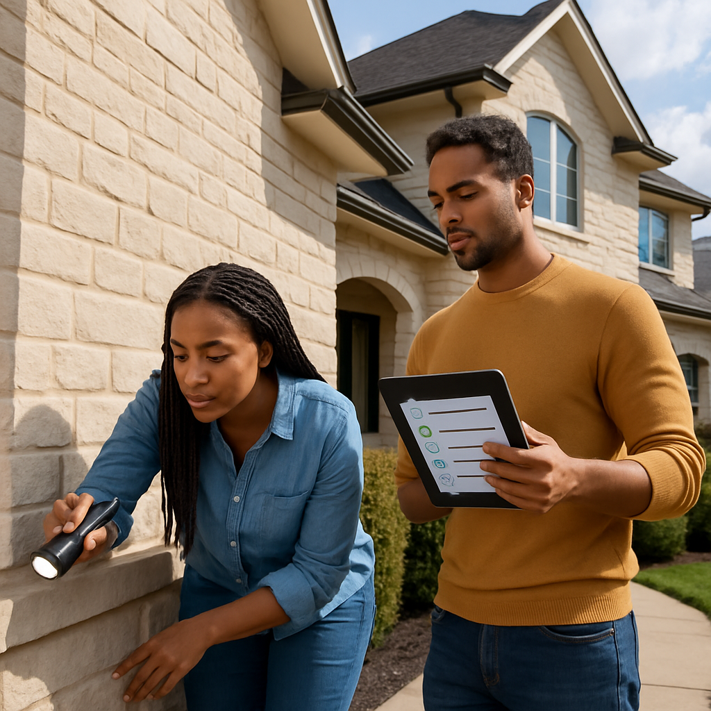 Homeowners inspecting the exterior of their high-end home, checking for foundation cracks and consulting a digital checklist.