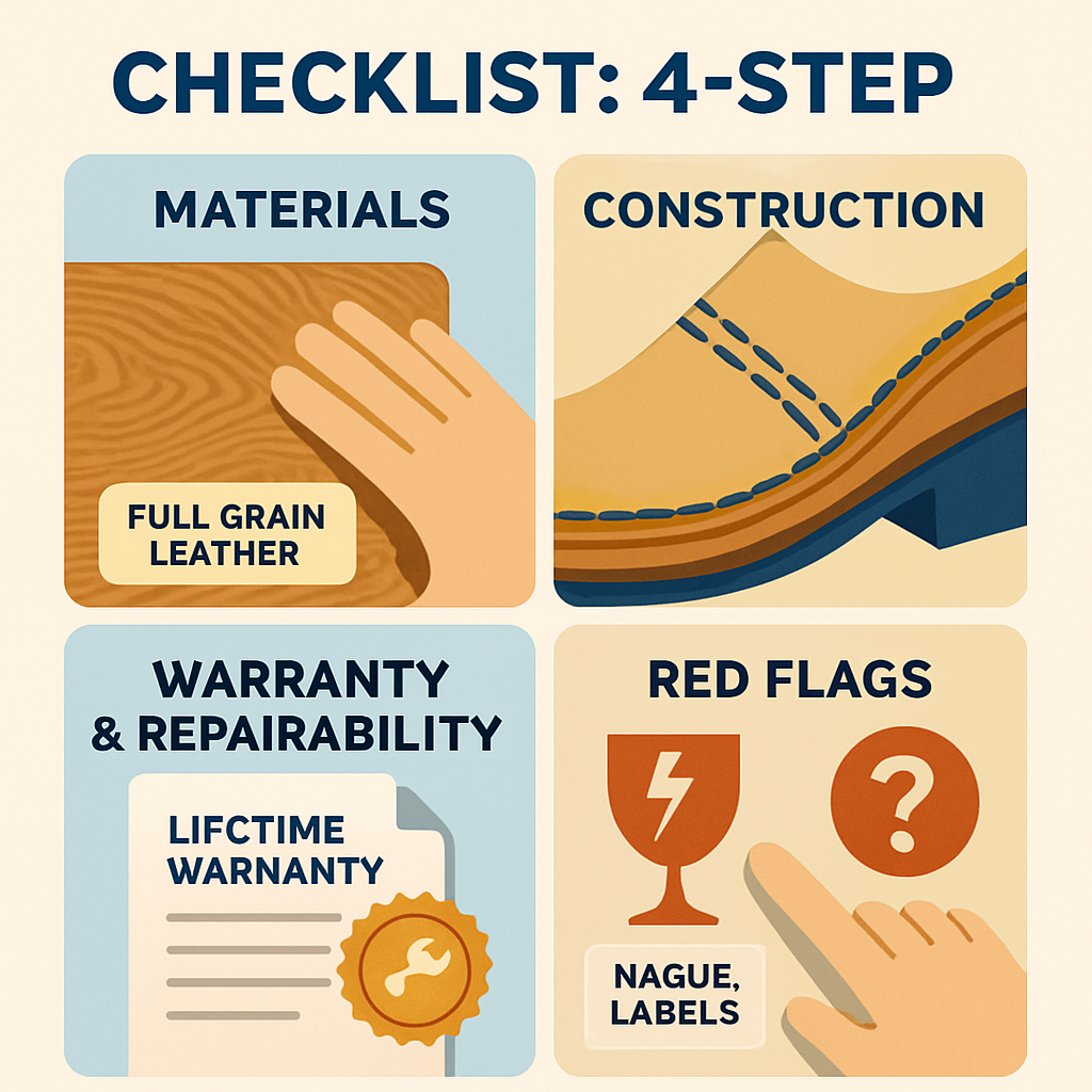A clean, modern infographic with four distinct sections, arranged in a quadrant or linear flow, illustrating a 4-step checklist. Each section has a clear icon and a brief visual representation: 1. Materials: A hand inspecting fabric texture or wood grain, with labels like 'Full-Grain Leather.' 2. Construction: A close-up of strong stitching, a dovetail joint, or a Goodyear welt on a shoe. 3. Warranty & Repairability: A document with a 'Lifetime Warranty' seal and a small wrench icon. 4. Red Flags: A hand pointing at a 'fragile' or 'broken' symbol, next to a question mark over vague labels. Overall style: flat design, clear typography, informative, using a limited, harmonious color palette.