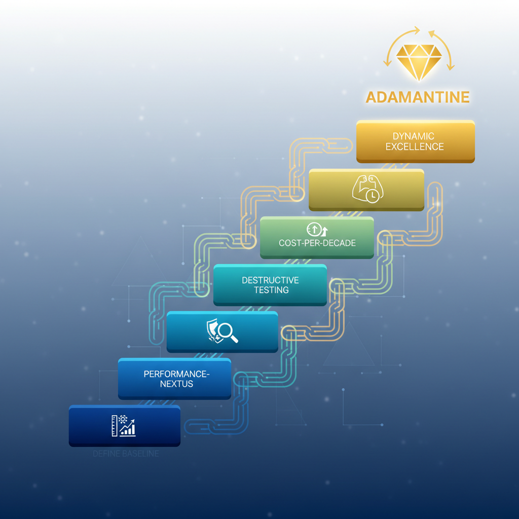 An infographic illustrating a clear, ascending 5-step framework, with distinct icons for each step leading to a central 'Adamantine' symbol, representing progression towards enduring excellence.