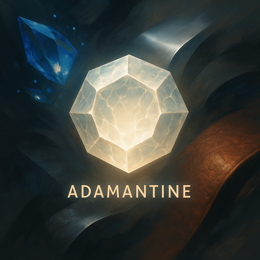 A stylized representation of an Adamantine core, glowing with strength, surrounded by abstract visuals of sapphire glass, titanium, tungsten carbide, and full-grain leather, symbolizing invincibility and timeless luxury.