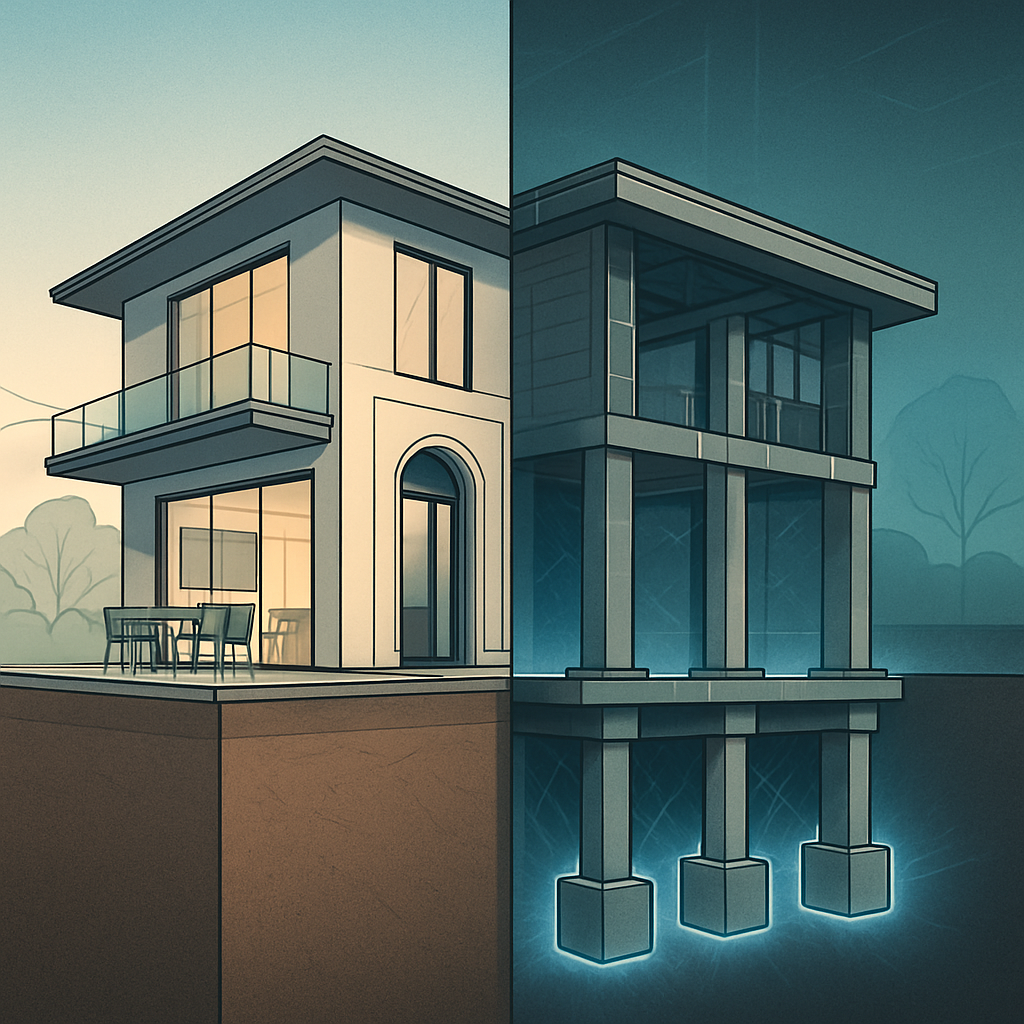 A dynamic illustration showing a luxurious home with a detailed, robust, engineered foundation beneath it, symbolizing unseen strength.