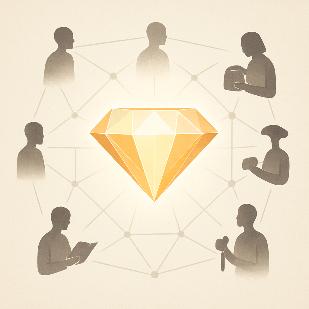 An abstract yet symbolic image. At the center, a glowing, multifaceted diamond-like structure, representing 'Adamantine Quality,' radiating strength, resilience, and brilliance. Surrounding it, a subtle network of interconnected human figures, some holding or inspecting durable items, symbolizing the 'Buy It For Life' community and shared knowledge. The background is clean and modern, with a touch of warmth and connection.