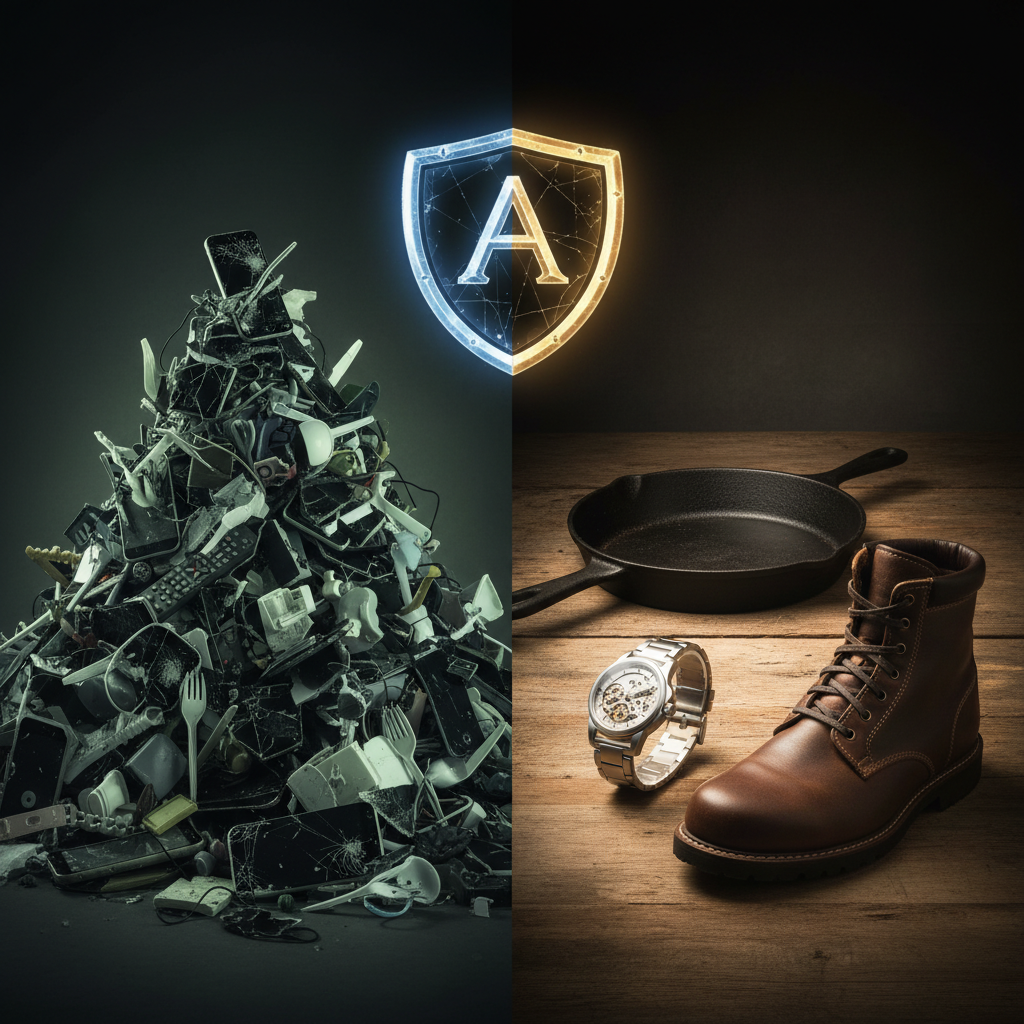 A dynamic split image. On the left side, a pile of broken, discarded consumer electronics and cheap plastic items, representing disposable culture, with a faint, dull glow. On the right side, iconic, well-maintained, durable items like a cast-iron skillet, a classic mechanical watch, and a high-quality leather boot, glowing with a strong, resilient light, symbolizing 'adamantine' durability. A subtle, almost mythical, glowing 'A' or shield emblem in the background.