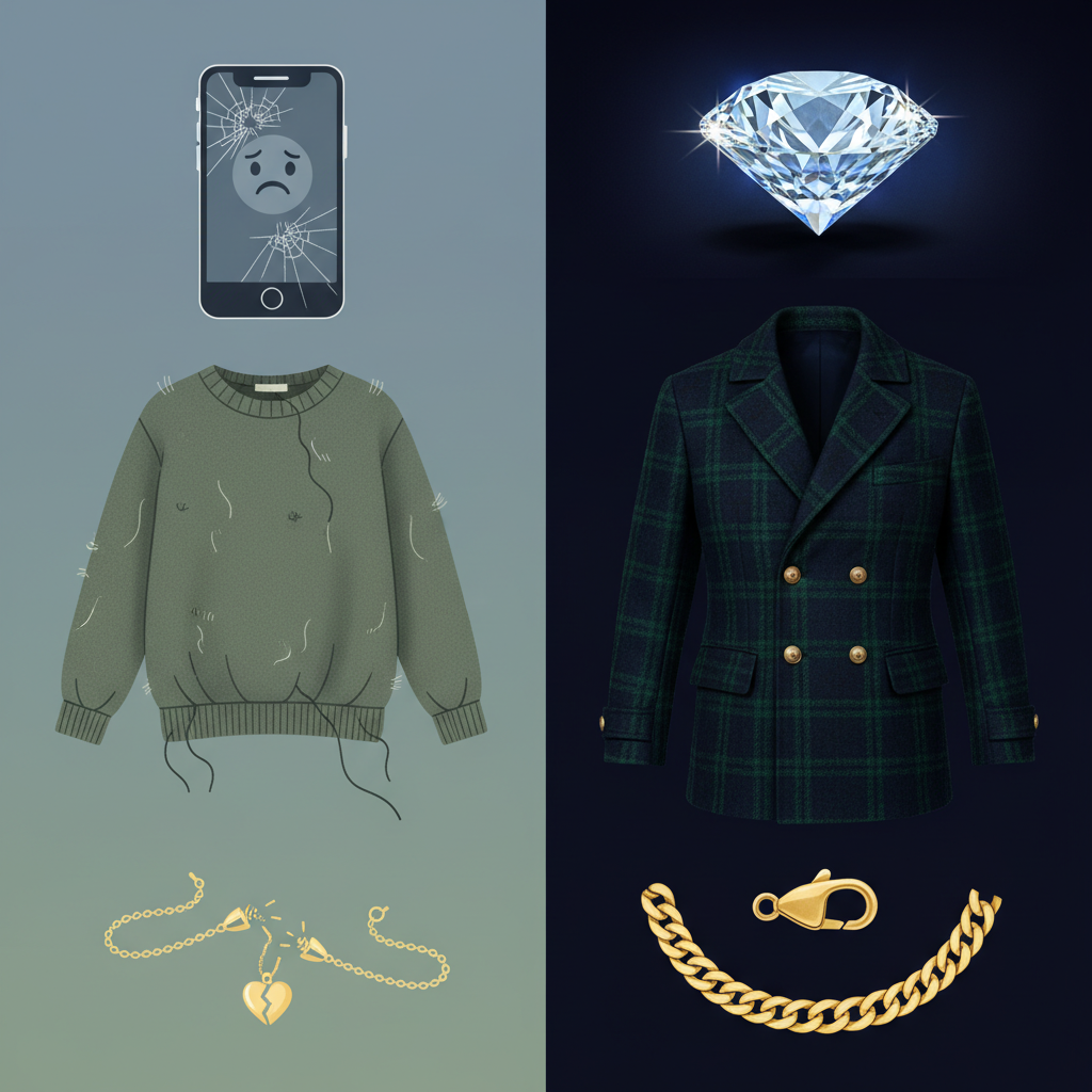 A dynamic, split-panel illustration contrasting fragility with adamantine beauty. On the left panel, depict common fragile items: a smartphone with a cracked screen, a pilled fast-fashion sweater, and a snapped delicate gold chain, conveying frustration and disposability. On the right panel, showcase durable, timeless luxury: a brilliant, perfectly cut diamond, a finely woven heritage wool coat, and a robust, solid gold link chain, exuding elegance, resilience, and lasting value.