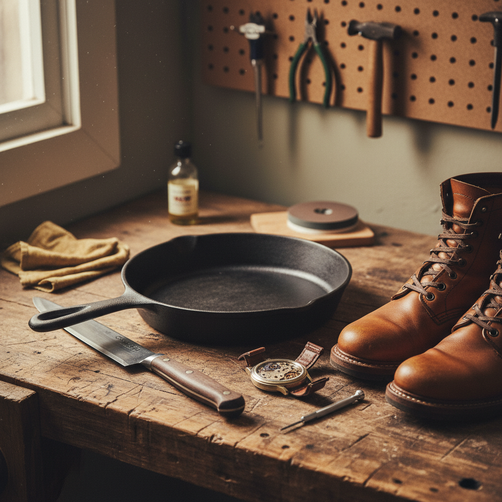 A collection of iconic 'Buy It For Life' (BIFL) items arranged artfully on a rustic wooden workbench or surface. Include a well-maintained cast-iron skillet, a full-tang chef's knife, a classic mechanical watch with its intricate gears subtly exposed for repair, and a pair of Goodyear welted leather boots. Tools for routine maintenance (e.g., leather oil, a small screwdriver, a sharpening stone, a seasoning cloth) are subtly present in the background or foreground. The items should show signs of age and use but be in excellent, cared-for condition, exuding quality and longevity.