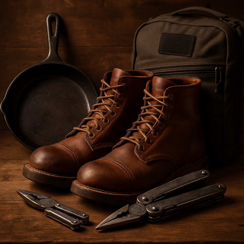 A beautifully composed still life photograph of several iconic 'Buy It For Life' products. Include a well-seasoned cast-iron skillet, a pair of sturdy leather boots (like Red Wing Heritage), a high-quality multi-tool (Leatherman), and a rugged, durable backpack (GoRuck style). The items should look well-used but cared for, highlighting their longevity and quality. Background: rustic, warm, and inviting, perhaps a wooden surface or a workshop bench.