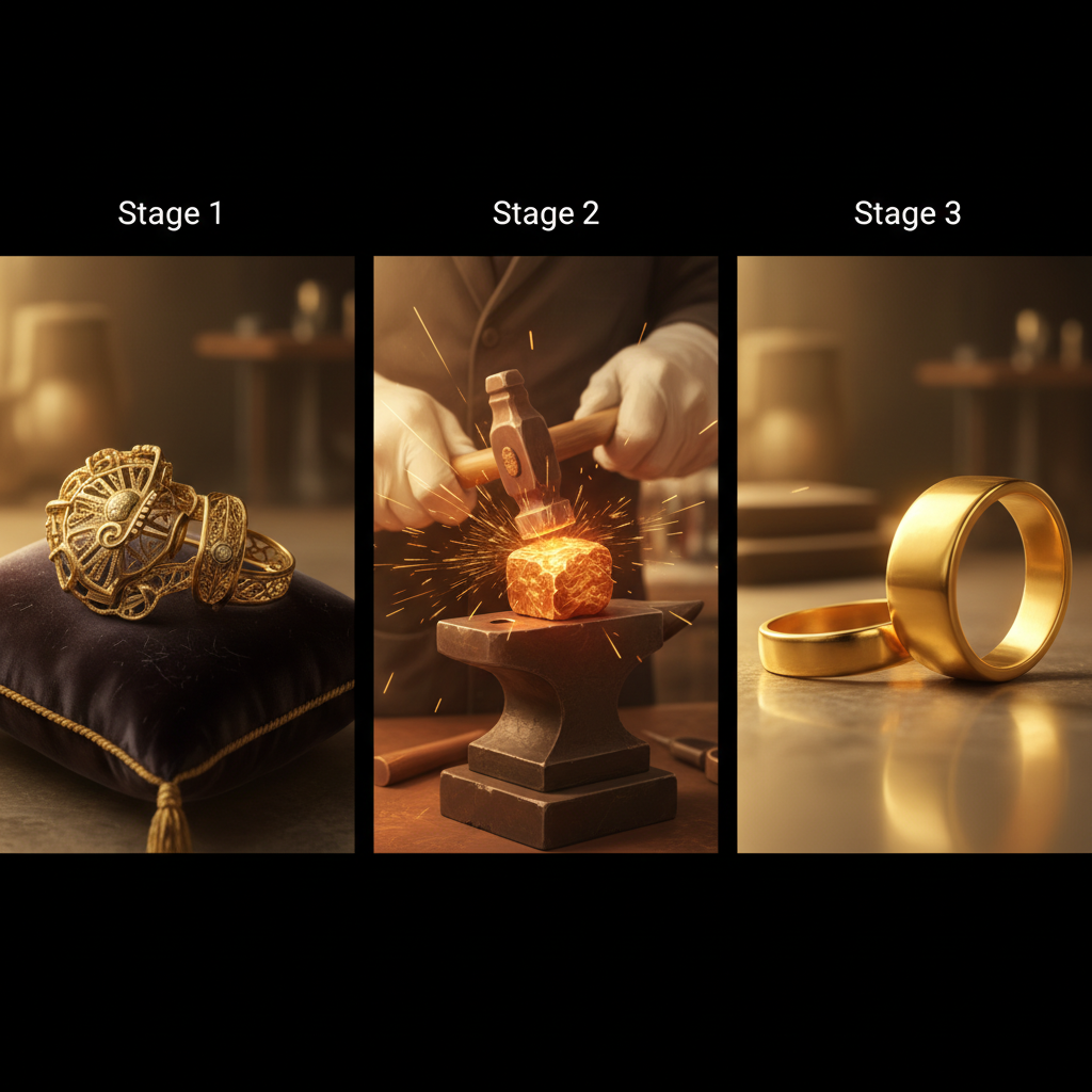 A dynamic, multi-stage illustration showing the transformation of metal. Stage 1 (left): an old, ornate, slightly damaged gold brooch or ring, looking fragile. Stage 2 (middle): a master jeweler's hands, wearing gloves, holding a hammer and anvil, with sparks flying as they cold forge a piece of metal, showing the metal compacting and strengthening. Stage 3 (right): a new, sleek, modern, and visibly robust ring or pendant, clearly made from the repurposed metal, gleaming with strength.
