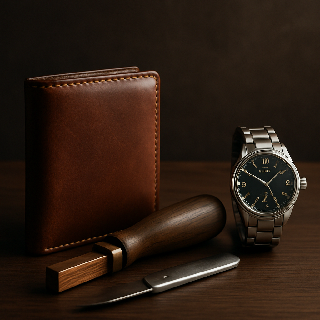 A sophisticated still life composition featuring a few iconic, high-quality products that embody timeless design and craftsmanship. Elements could include a full-grain leather wallet developing a rich patina, a finely crafted wooden object (like a small, elegant tool handle or a piece of joinery), and a polished metal item (e.g., a classic watch or a durable knife handle). The focus is on texture, material honesty, and clean lines. Lighting: soft, natural, highlighting details.
