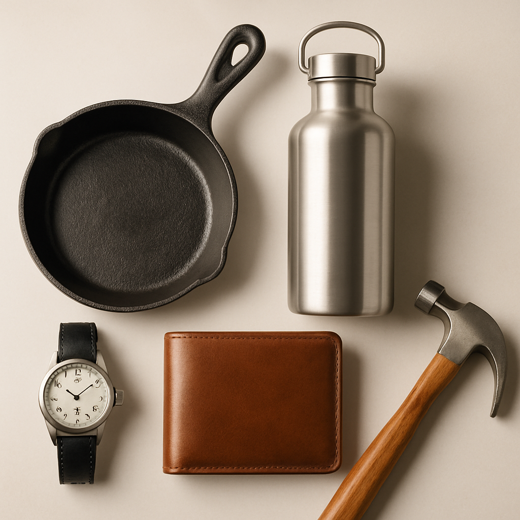 The Buy It For Life Collection A flat lay collection of diverse 'Buy It For Life' products including a cast iron skillet, mechanical watch, leather wallet, water bottle, and hand tool, symbolizing lasting value.