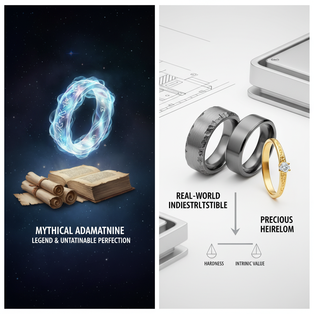 A split-screen illustration. On the left, a shimmering, ethereal, glowing metal ring labeled 'Mythical Adamantine' floating above ancient scrolls, symbolizing legend and unattainable perfection. On the right, a series of modern, robust, industrial-looking rings (tungsten, titanium) alongside a delicate, intricately designed gold ring, all labeled 'Real-World Indestructible' and 'Precious Heirloom,' respectively. A subtle visual scale or arrow indicates the inverse relationship between hardness and intrinsic value.