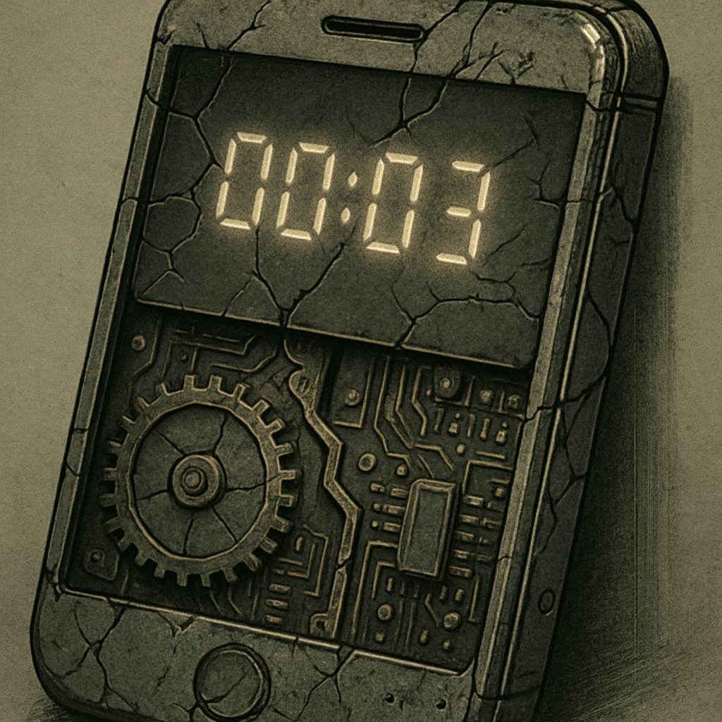 A close-up, slightly dystopian illustration of a modern smartphone or appliance with visible cracks and worn-out components, subtly revealing internal gears or circuits that appear to be intentionally designed for failure after a certain period. A small, digital timer or countdown is faintly visible on a screen or embedded in the design, approaching zero. The background is muted, drawing focus to the failing device.
