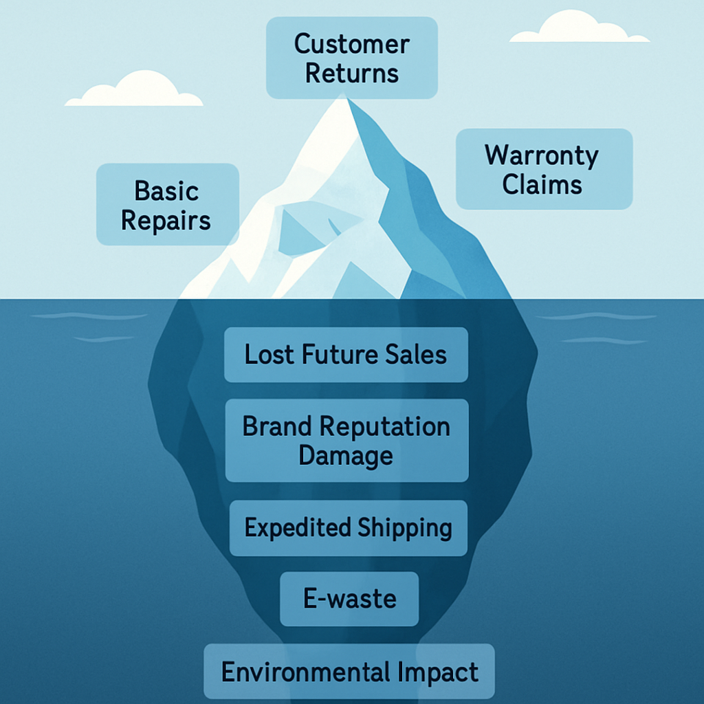 An illustration of an iceberg showing visible direct costs above water and larger hidden costs below water related to poor quality.