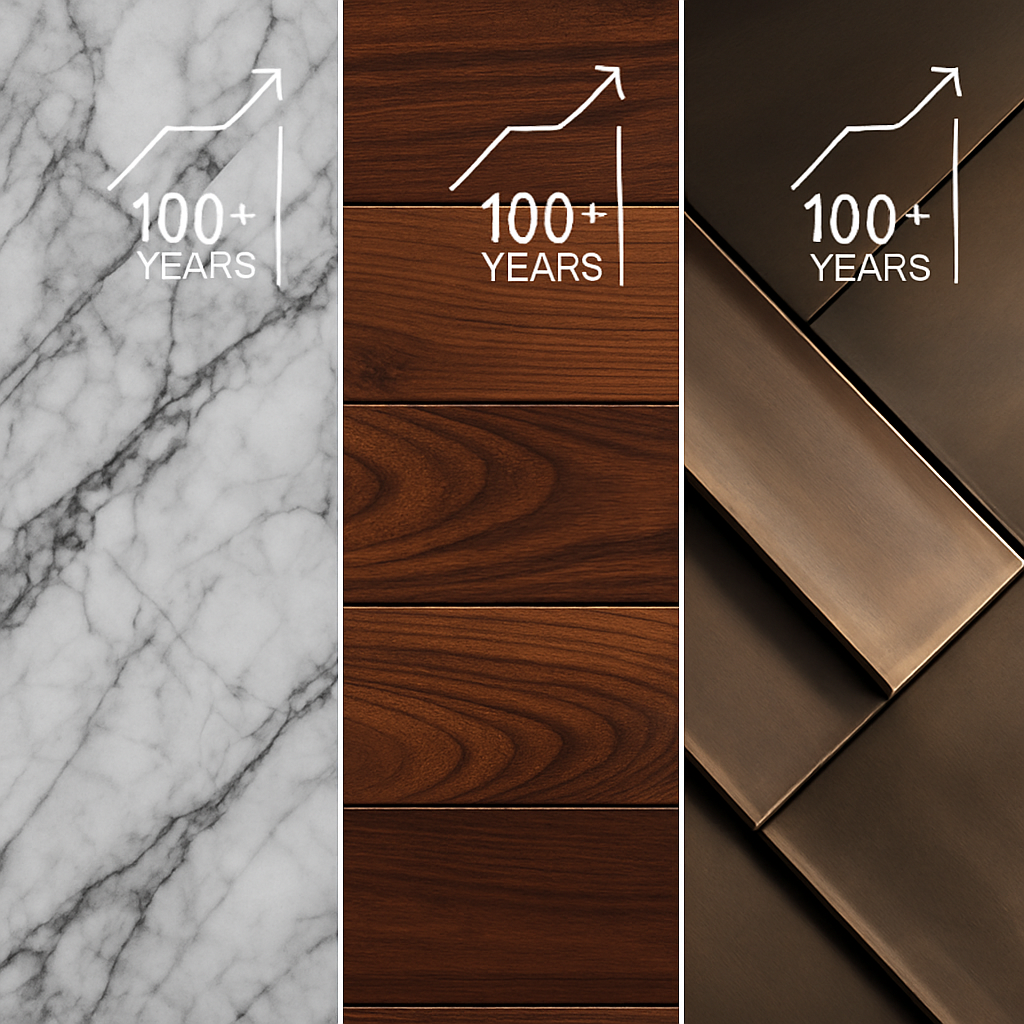 A triptych showcasing natural stone cladding, exotic hardwood flooring, and architectural metal details, each with an icon symbolizing long-term value.