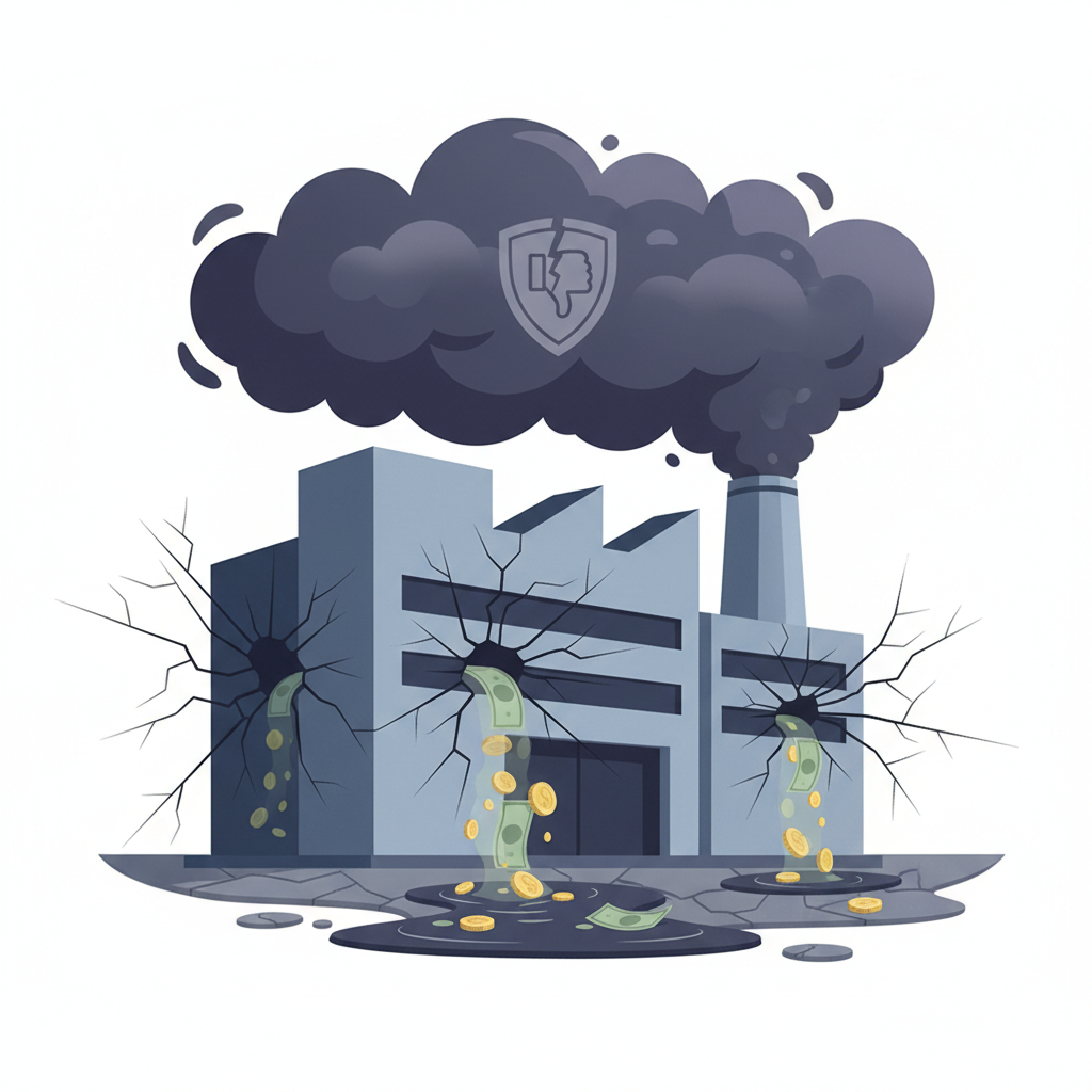 An illustration of a business building with cracks, from which money is leaking, symbolizing the hidden and compounding financial and reputational damage from poor quality.