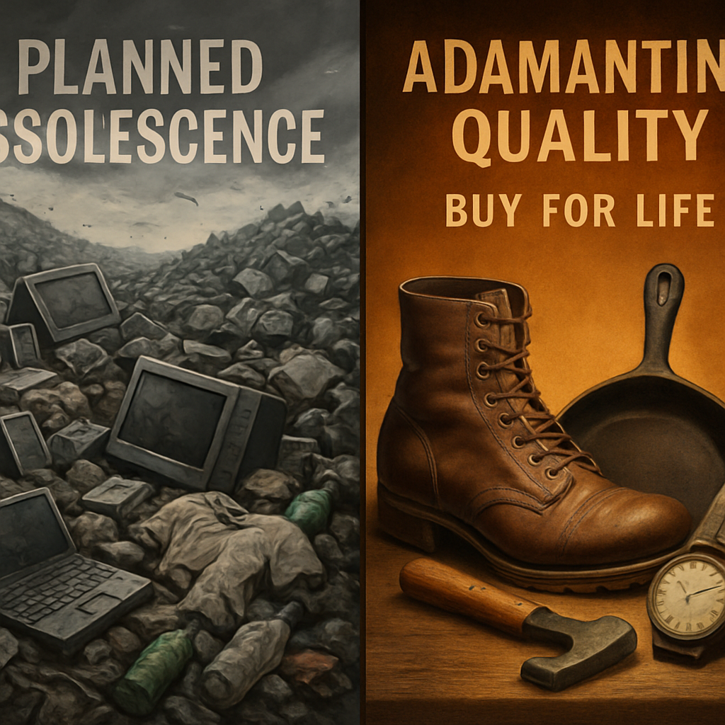 A dynamic split-panel illustration. On the left, a chaotic scene of discarded, broken electronics, fast fashion items, and plastic waste overflowing into a landfill, symbolizing planned obsolescence and throwaway culture. On the right, a serene, well-organized display of classic, well-maintained items like a cast-iron skillet, a sturdy leather boot, a wooden tool, and a vintage watch, glowing subtly, representing 'Adamantine Quality' and buying for life.