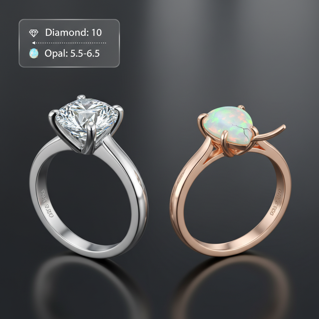 A detailed, close-up illustration of two gemstone rings side-by-side, highlighting structural integrity. The first ring features a gemstone securely held within a protective bezel setting, showcasing its robust, continuous metal band. The second ring displays a gemstone held by thin, vulnerable prongs, with one prong visibly bent or broken, suggesting fragility. Include a small, subtle graphic element in the background or corner depicting the Mohs hardness scale, emphasizing the contrast between a diamond (score 10) and a softer stone like opal (score 5.5-6.5).