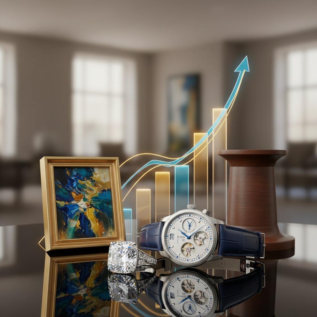 A sophisticated and elegant composition of 'Wearable Wealth' items. Feature a high-end mechanical watch, a brilliant diamond ring, and a subtly displayed piece of fine art (e.g., a small framed painting or sculpture), arranged on a polished, reflective surface. In the background, abstract, glowing lines or a subtle, upward-trending financial graph symbolize appreciation and long-term investment growth.