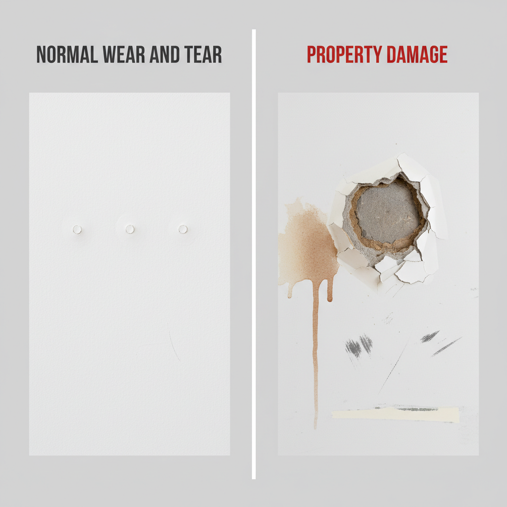 A clear, infographic-style comparison illustrating 'Normal Wear and Tear' versus 'Property Damage' on a standard interior wall. The left panel, labeled 'Normal Wear and Tear,' shows a pristine white wall with a few small, neatly patched nail holes (representing the size of a 6-penny nail). The right panel, labeled 'Property Damage,' shows the same wall with a large, jagged hole (like from a fist or a large anchor), deep scuffs, or a prominent, dark pet stain. The distinction should be visually obvious and clearly delineated.