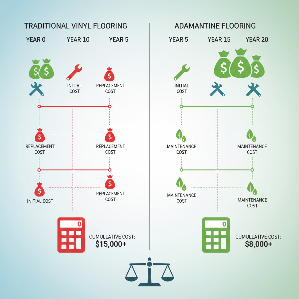 An infographic comparing the 20-year total cost of ownership for Traditional Vinyl Flooring (higher due to replacements) versus Adamantine Flooring (lower due to longevity).