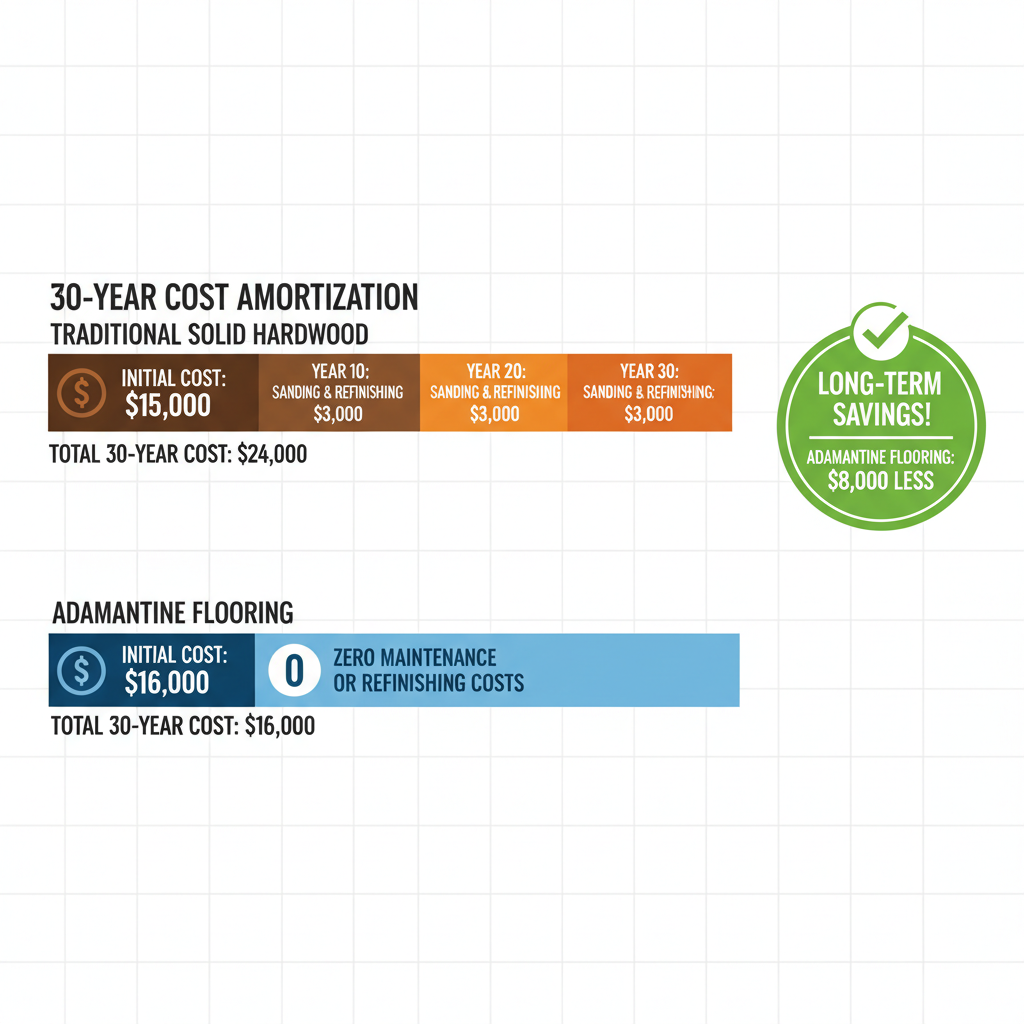 A clear, comparative infographic or bar chart illustrating the 30-year cost amortization of two flooring options. One bar/section represents 'Traditional Solid Hardwood,' showing a high initial cost followed by three distinct, recurring costs for 'Sanding & Refinishing' over the 30-year period. The other bar/section represents 'Adamantine Flooring,' showing a comparable initial cost but with zero additional costs for maintenance or refinishing over the same 30 years, highlighting significant long-term savings.