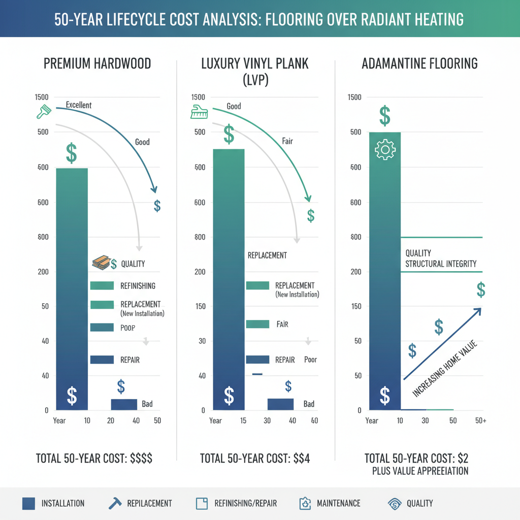 An infographic comparing the 50-year lifecycle costs of Premium Hardwood, Luxury Vinyl Plank (LVP), and Adamantine Flooring over radiant heating. It shows multiple replacements/refinishings for hardwood/LVP versus a single, stable installation for adamantine.
