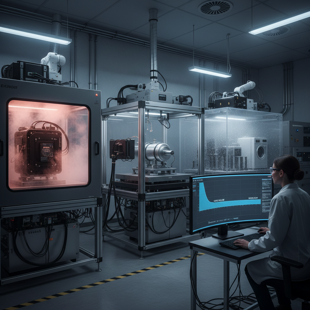 An industrial lab with products undergoing thermal cycling, vibration, and salt fog tests, monitored by an engineer, illustrating accelerated life testing to extend product longevity.