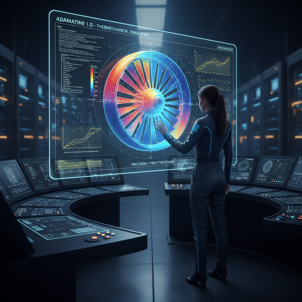 A dynamic scene depicting a sophisticated AI-powered thermomechanical simulator, 'Adamantine 1.0', in action. A complex 3D model of a product component (e.g., an engine part or a device casing) is displayed on a large, transparent holographic screen. Glowing data overlays show thermal gradients, stress points, and material fatigue predictions. A focused engineer interacts with the simulation using hand gestures, surrounded by sleek, futuristic control panels.