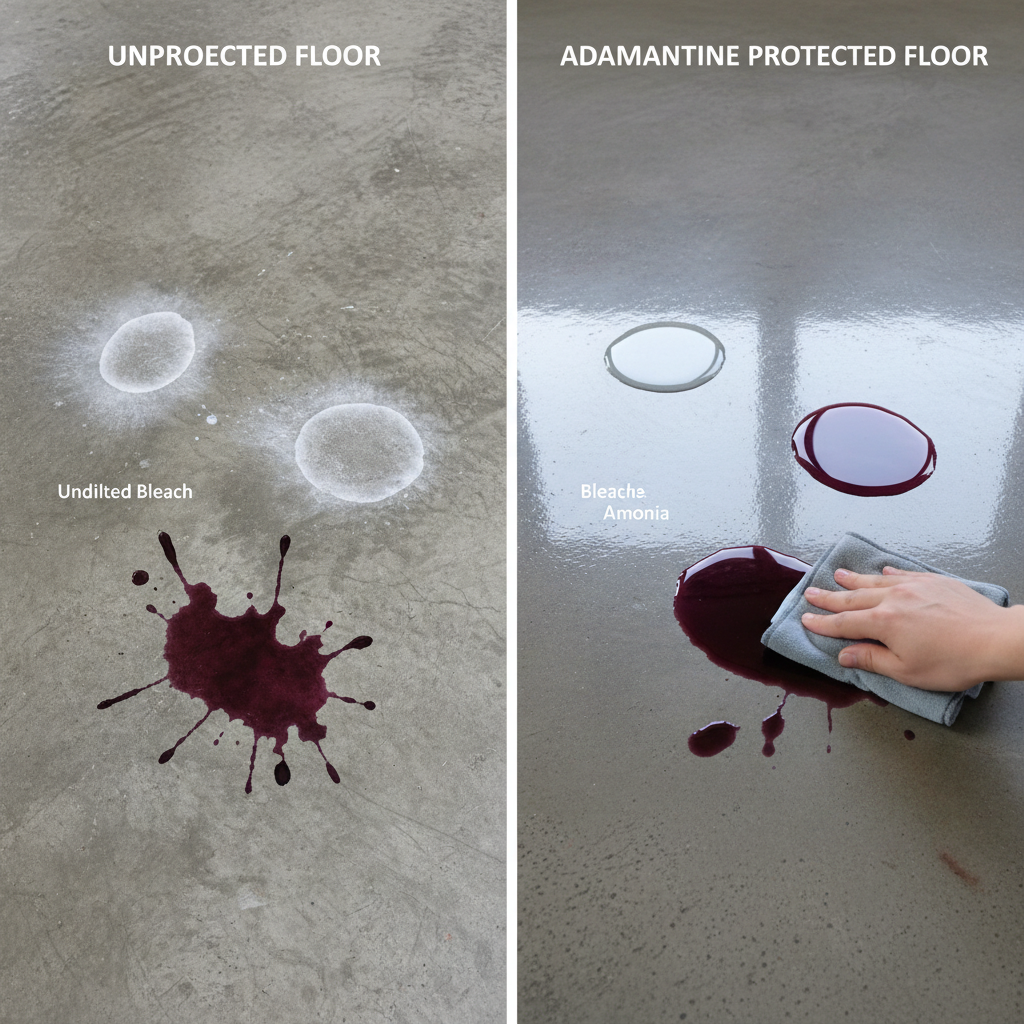 A split-panel, realistic photograph or high-quality render demonstrating a 'stress test' on flooring. The left panel shows a section of a standard, unprotected floor (e.g., unsealed concrete or hardwood) with visible damage from pooled liquids: a bleached spot from undiluted bleach, an etched mark from ammonia, and a dark, permanent stain from red wine. The right panel shows an identical section of a fully cured, glossy adamantine floor with the same liquids pooled on its surface, but they are pristine and easily wiped away, leaving no trace. The lighting should be clear and highlight the contrast.