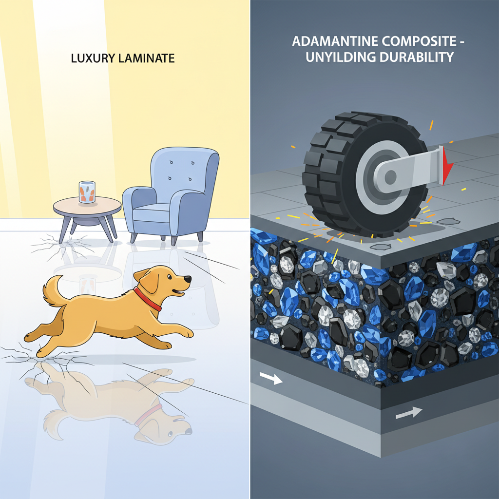 A split-panel illustration showing a glossy, pristine floor from a marketing brochure cracking on the left, and a cross-section of a dense adamantine floor with embedded hard minerals resisting industrial impact on the right.