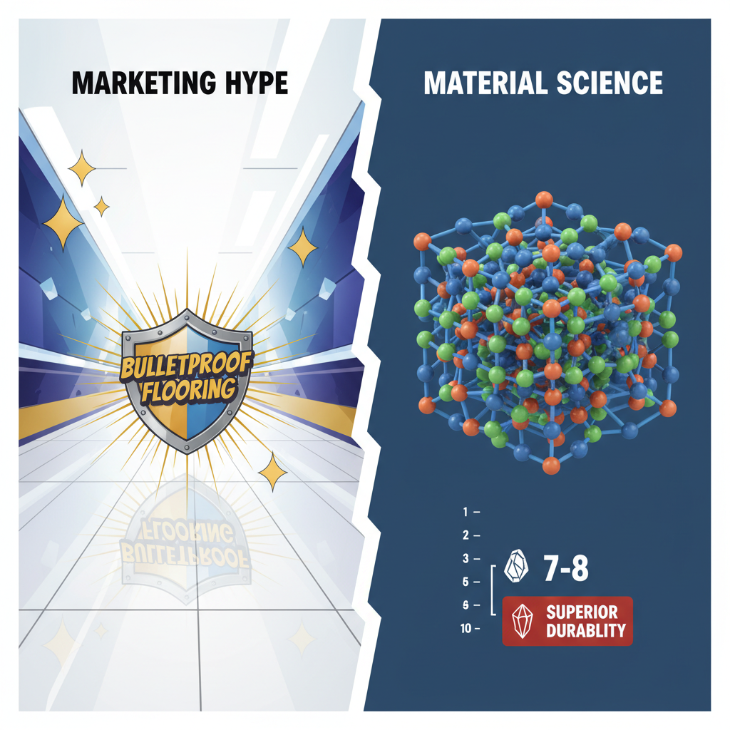 A dynamic, split-panel illustration contrasting 'marketing hype' with 'material science' for flooring. On the left, a stylized, overly shiny floor with exaggerated diamond-like sparkle and a 'bulletproof' stamp, representing marketing claims. On the right, a detailed, microscopic view of a dense, highly cross-linked polymer structure, alongside a simplified Mohs hardness scale indicating a high rating (e.g., 7-8), representing scientific reality. Style: modern, informative infographic, vibrant colors, clean lines.