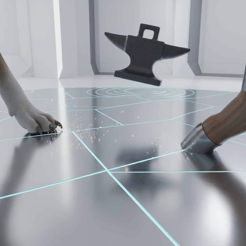 A conceptual illustration of an adamantine floor, incredibly hard and resisting damage from pet claws, dropped objects, and dragged furniture, symbolizing invincible durability.