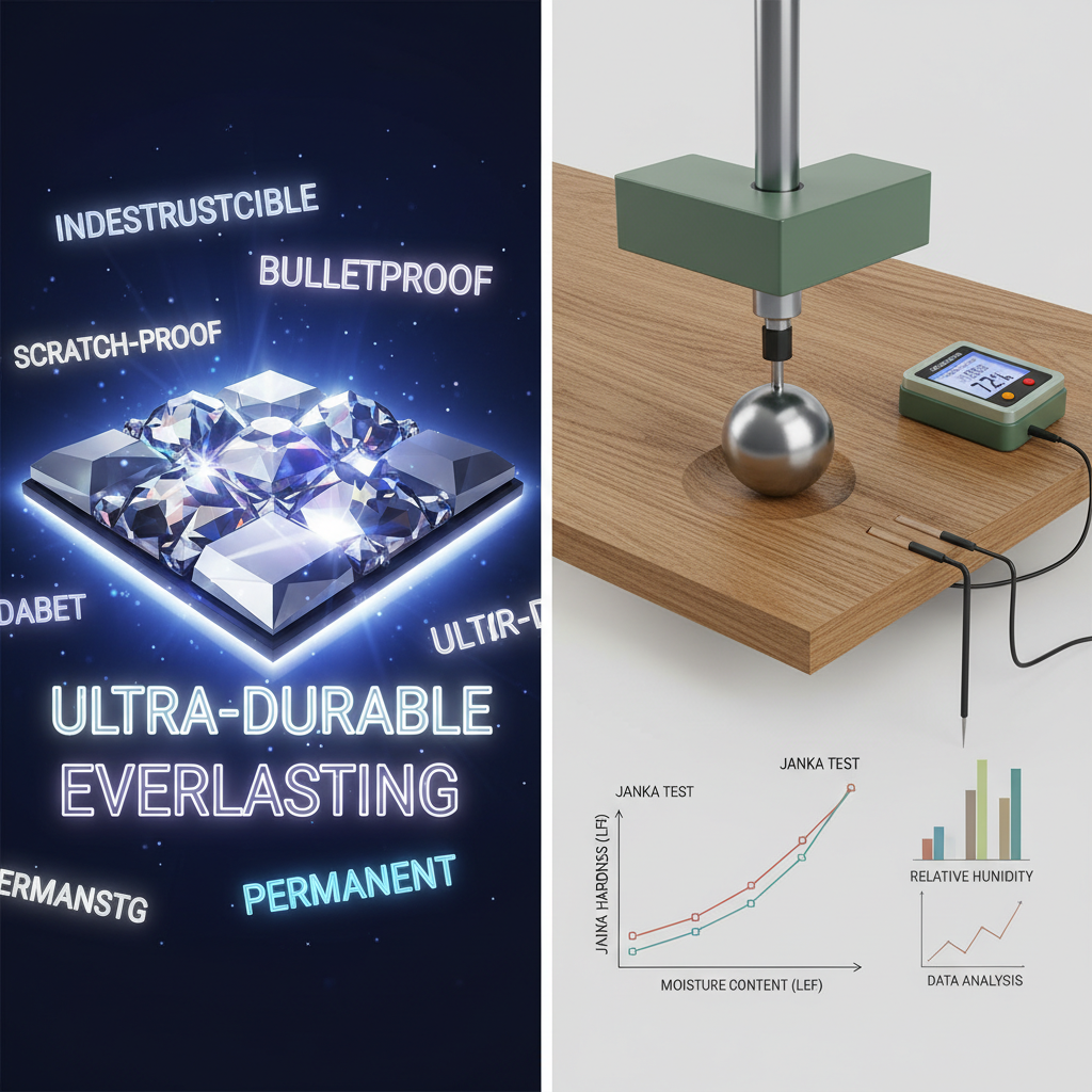 A split-panel illustration contrasting marketing buzzwords for 'adamantine' flooring with scientific measurements like Janka hardness and moisture content.