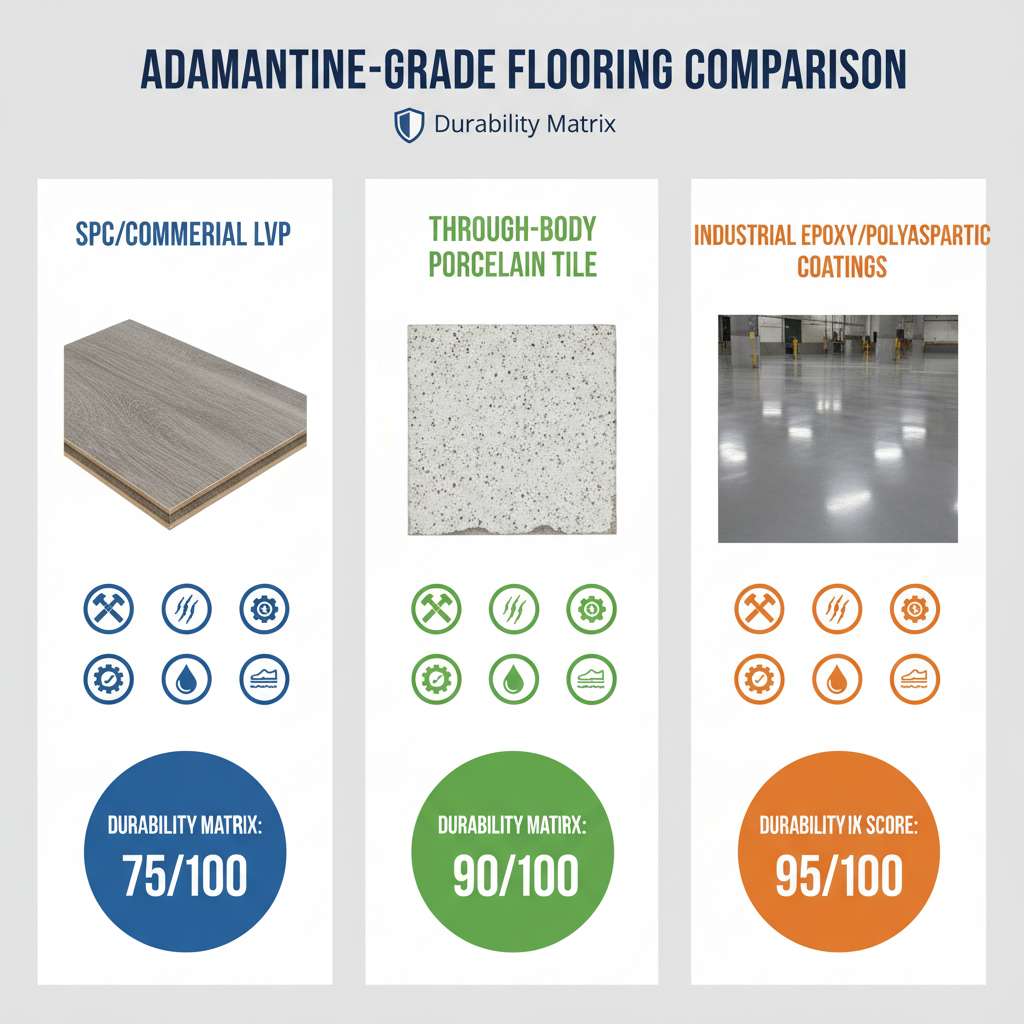 An infographic comparing SPC/LVP, Through-Body Porcelain Tile, and Industrial Coatings, highlighting their durability scores and resistance to scratches, dents, and water.