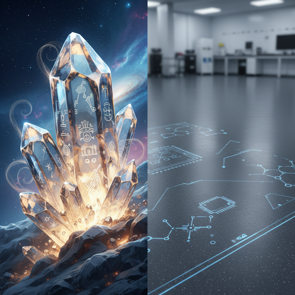 A conceptual split image showing mythical adamantine on the left and modern industrial flooring with scientific diagrams on the right, contrasting fantasy with real-world material science.