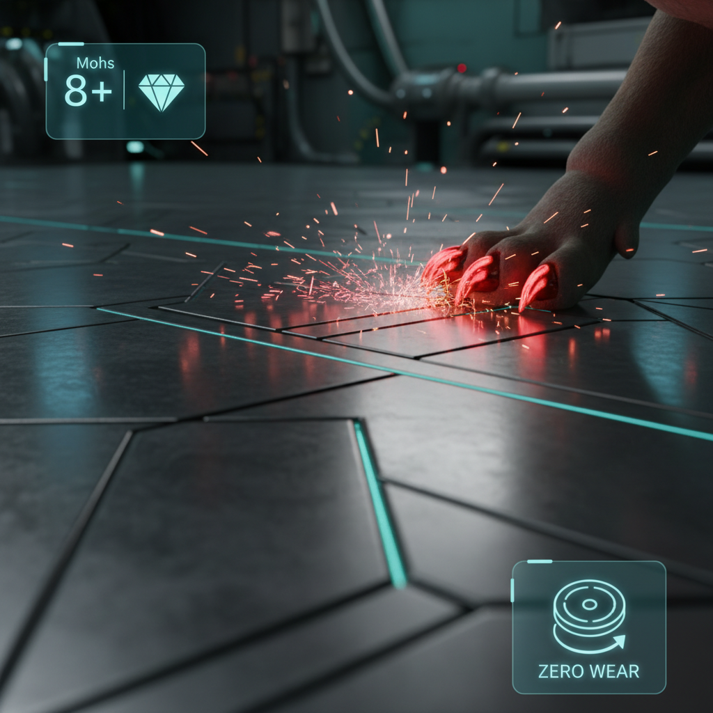 A high-tech rendering of an adamantine floor surface, showing a dog claw attempting to scratch it with no visible damage, illustrating extreme resilience.