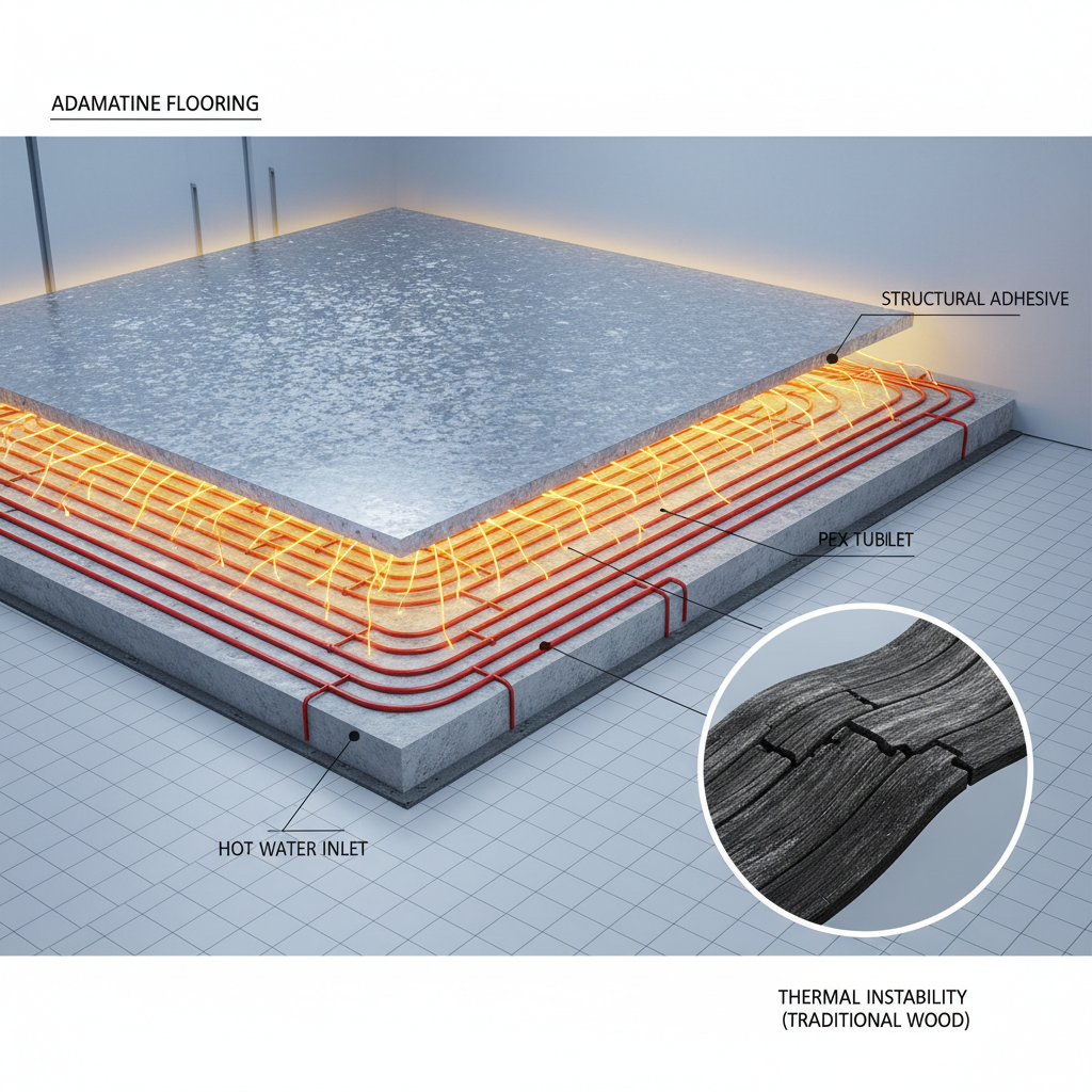 A detailed cutaway illustration of adamantine flooring over a hydronic radiant heating system, highlighting efficient heat conductivity and even warmth distribution. An inset shows warped traditional wood flooring as a contrast.