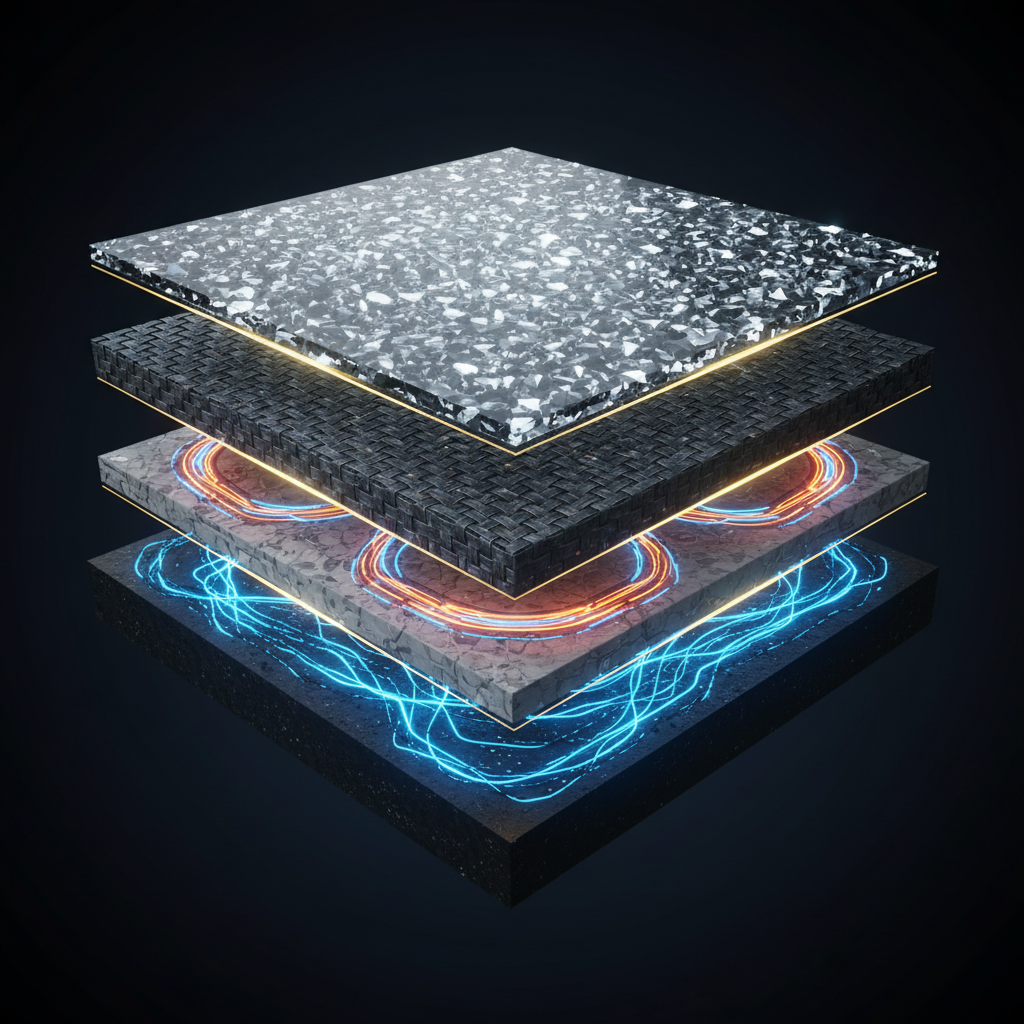 A dramatic, high-tech cross-section illustration of an 'adamantine' industrial floor system. Show multiple distinct, ultra-dense layers fused together, with the top layer sparkling like microscopic diamonds or hardened crystal. Emphasize an impenetrable, unbreakable quality, with subtle energy lines or glowing bonds between layers.