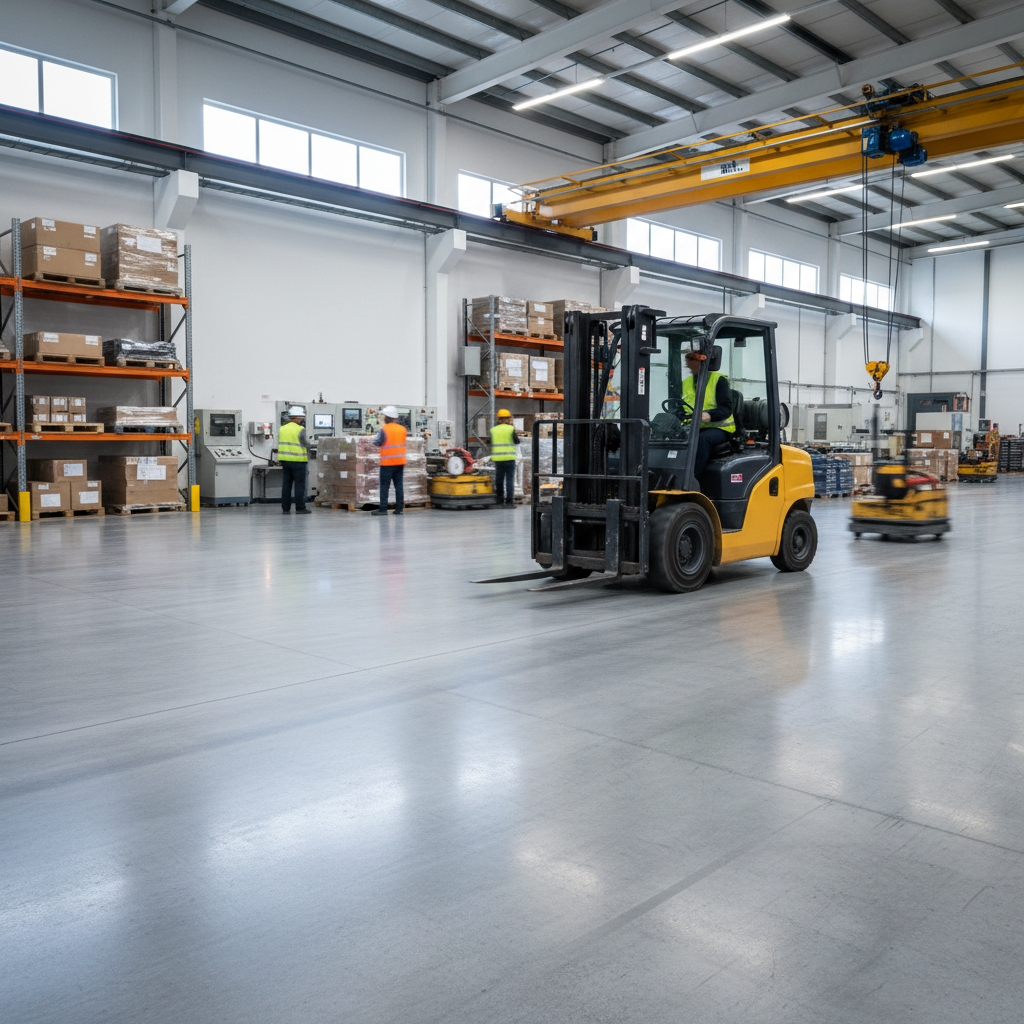 A dynamic, wide-angle shot of a modern, clean industrial warehouse floor. A heavy-duty forklift is actively moving, its wheels visibly pressing down on the adamantine floor, but the surface remains perfectly pristine and unyielding. Show subtle visual cues of extreme durability, perhaps a slight sheen that reflects the overhead lighting, indicating a robust, thick coating. The environment should convey high-impact loads and constant activity, with workers in the background. Style: photorealistic, industrial photography, emphasizing strength and resilience.