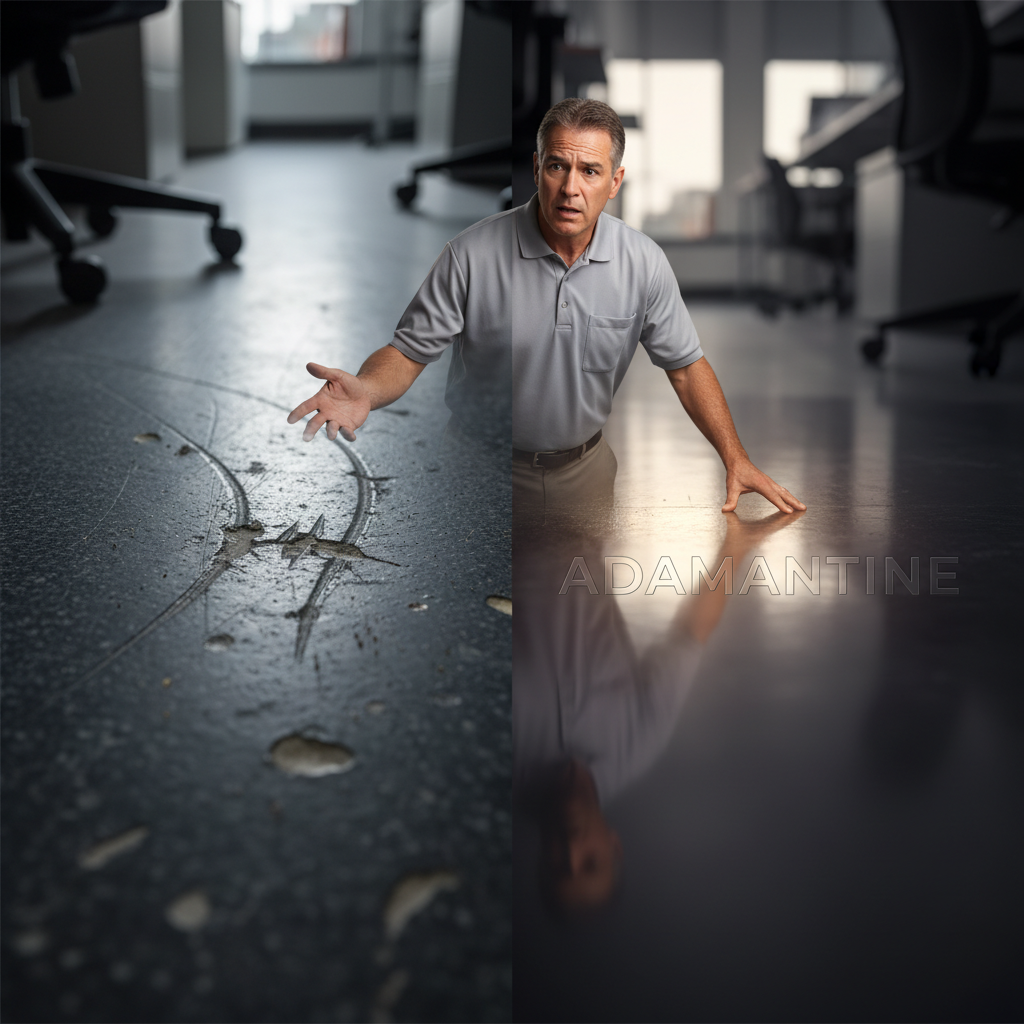 A split image. On the left, a close-up of a commercial office floor with visible deep scratches, scuffs, and gouges caused by rolling chair casters, looking worn and damaged. On the right, a pristine, highly polished, almost glowing surface with the word 'ADAMANTINE' subtly integrated, representing marketing promises. A frustrated facility manager figure subtly bridging the two sides, looking from the damaged floor to the shiny promise.